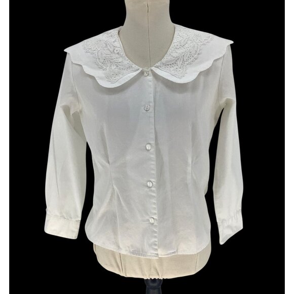 Diversity Elite Tops - Womens Lace Collar White Blouse Long Sleeves & Button Closure by Diversity Sz P8